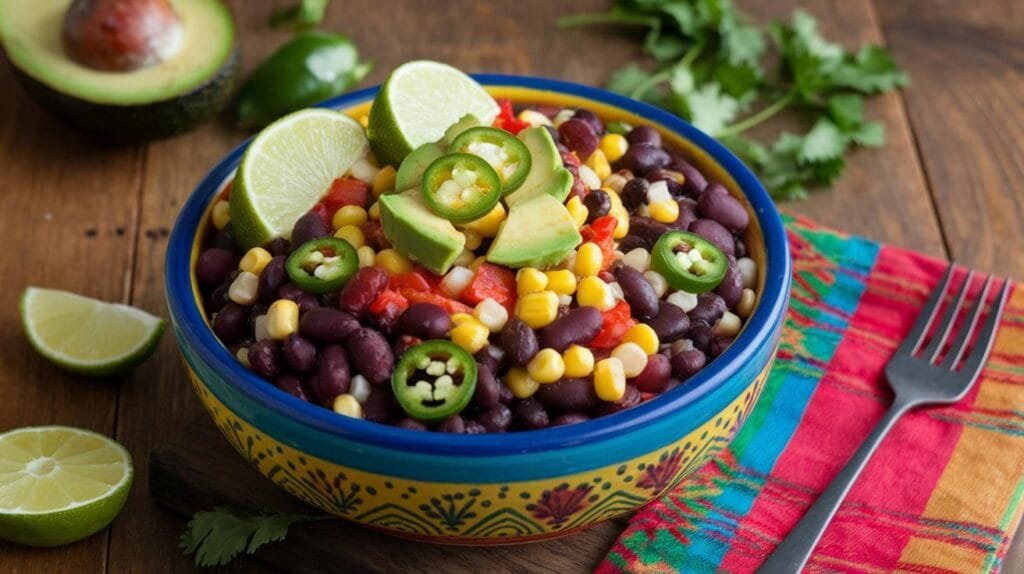 Spicy Mexican-inspired dense bean salad with avocado and cilantro