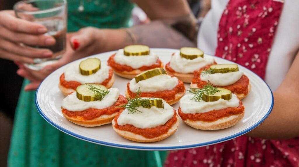Bite-sized mini dill pickle pizzas topped with Alfredo sauce and cheese, served on a platter.
