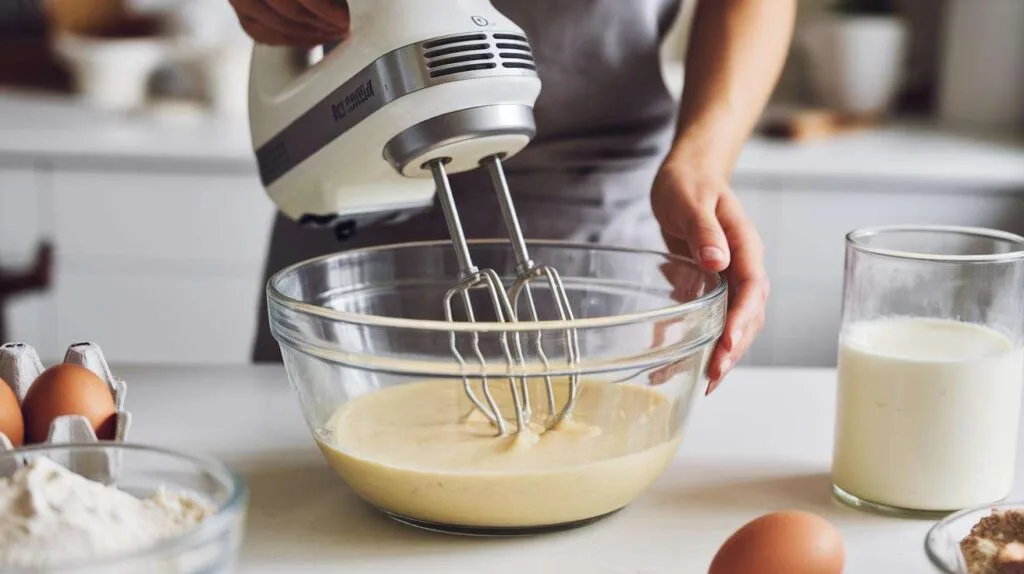 A baker mixing creamy cake batter with a hand mixer in a glass bowl on a kitchen counter. Caption: Creaming the butter and sugar is the first step to a perfect batter.