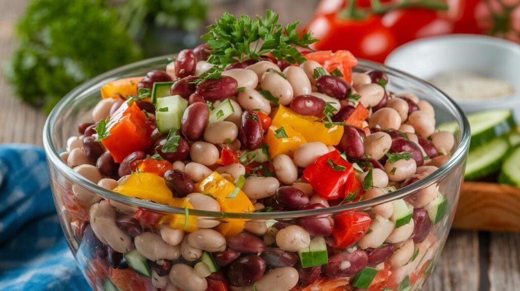 Dense bean salad with colorful vegetables and herbs for maximum nutrients
