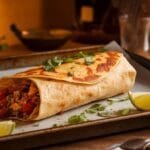 A crispy, oven-baked burrito served on a baking tray with a golden-brown tortilla.