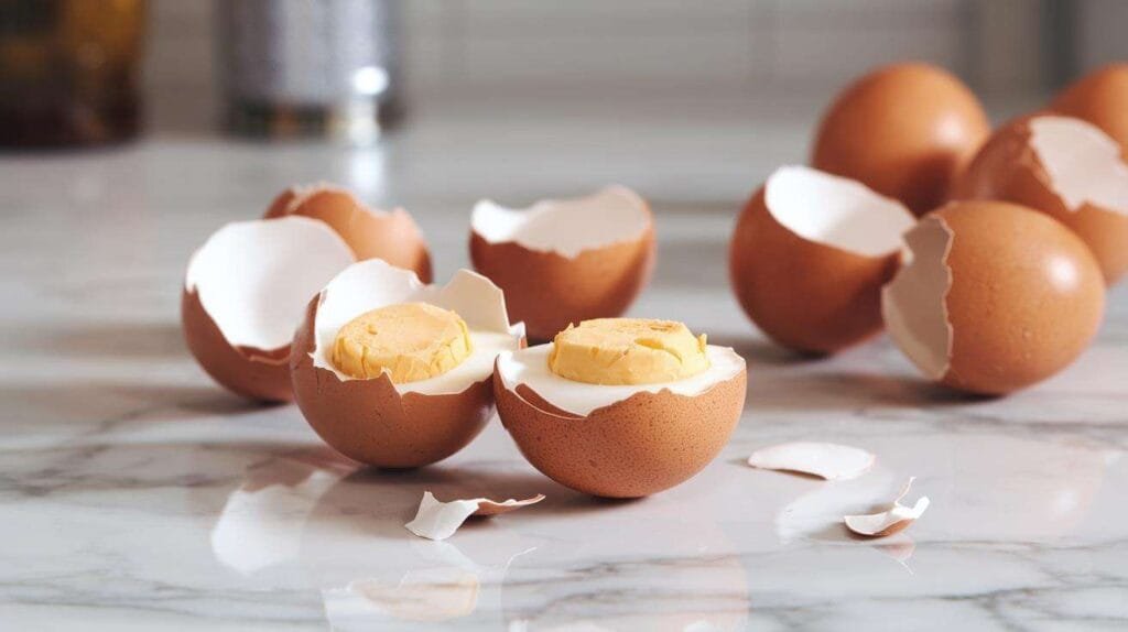 Peeled hard-boiled eggs on a marble counter with shells.