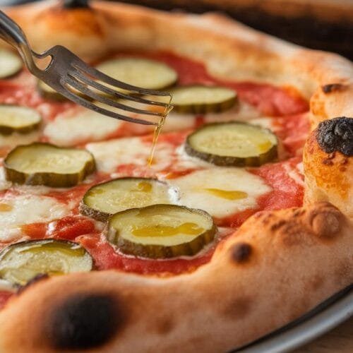 A close-up of the golden-brown crust of a baked pizza, brushed with olive oil for extra crispness.