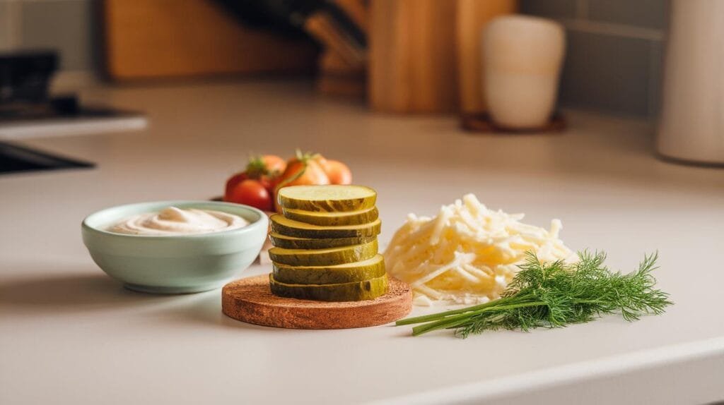 Sliced dill pickles, a bowl of creamy Alfredo sauce, and shredded mozzarella cheese on a kitchen counter.