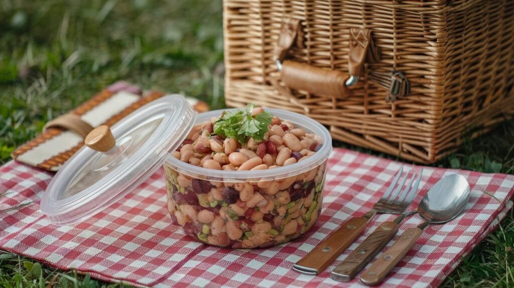 Dense bean salad in a portable container for picnics