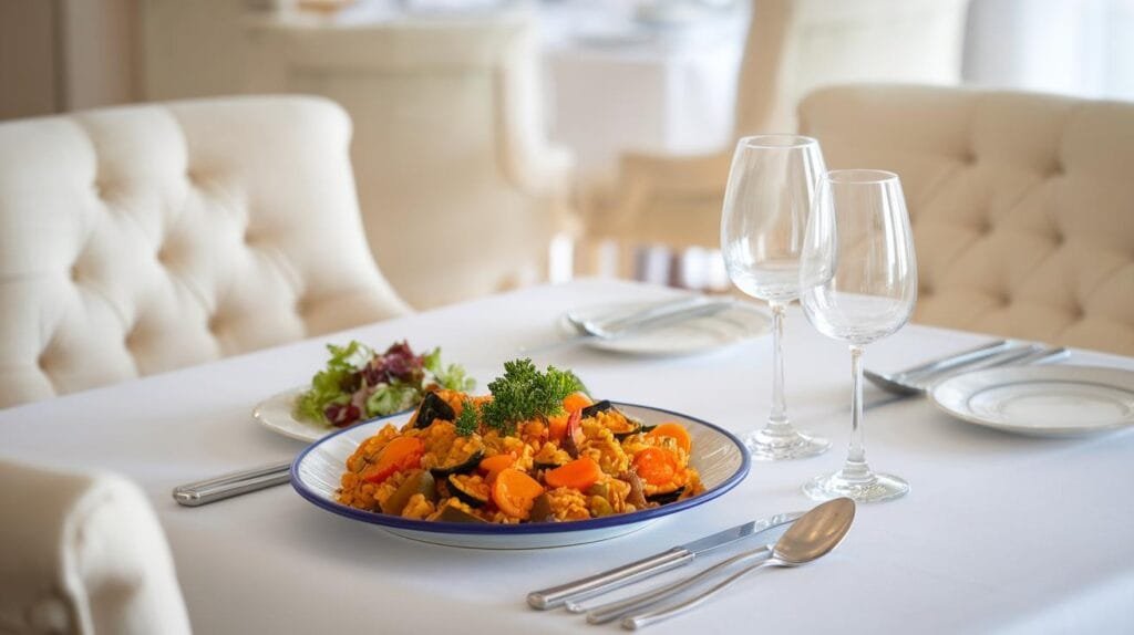 A plate of vegetable paella garnished with parsley, served alongside a glass of white wine.