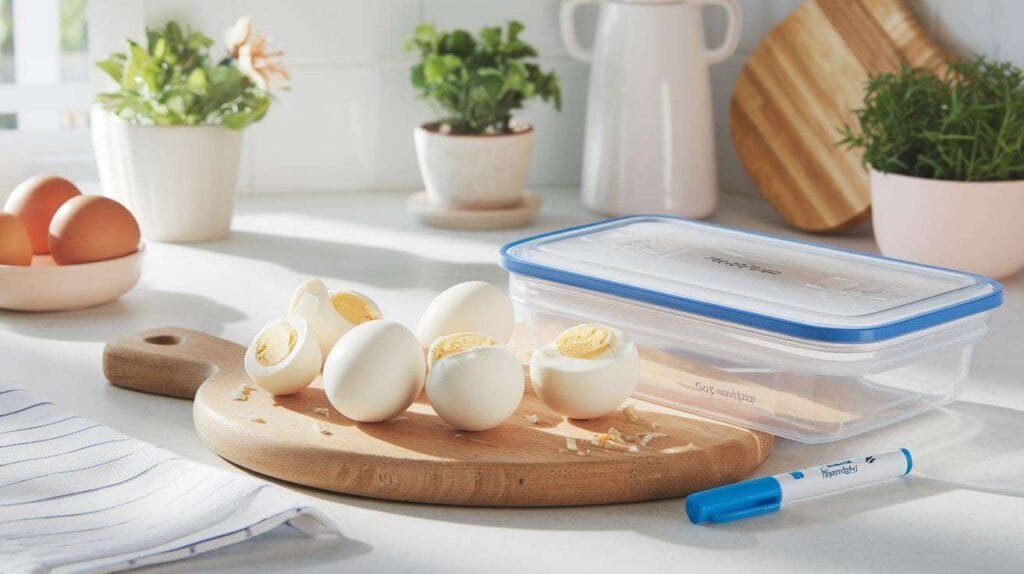 Hard-boiled eggs on a wooden board with an airtight container.