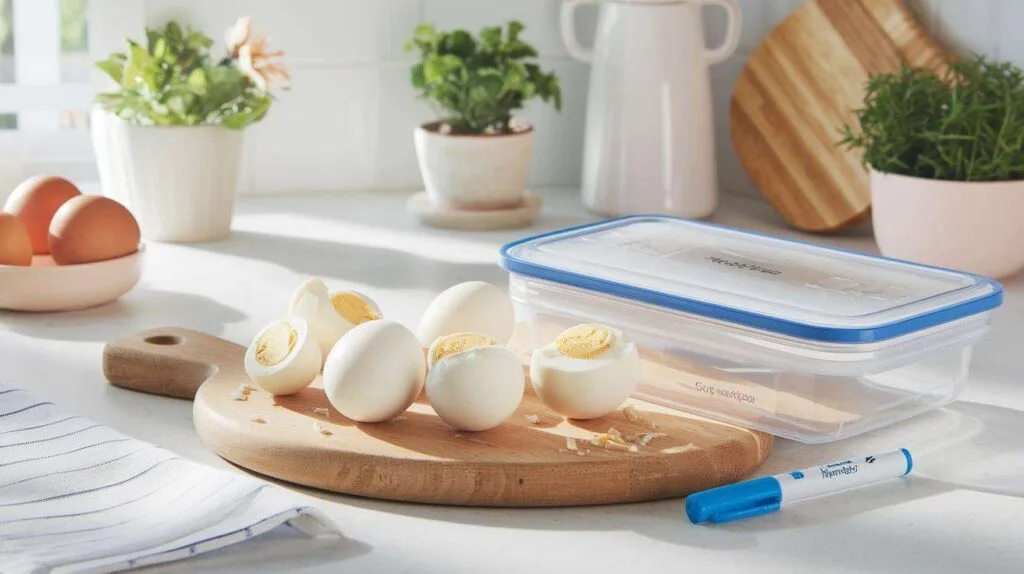 Hard-boiled eggs on a wooden board with an airtight container.