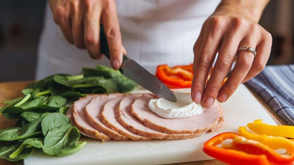 A close-up of hands spreading cream cheese on turkey slices as part of Swiss turkey roll preparation.