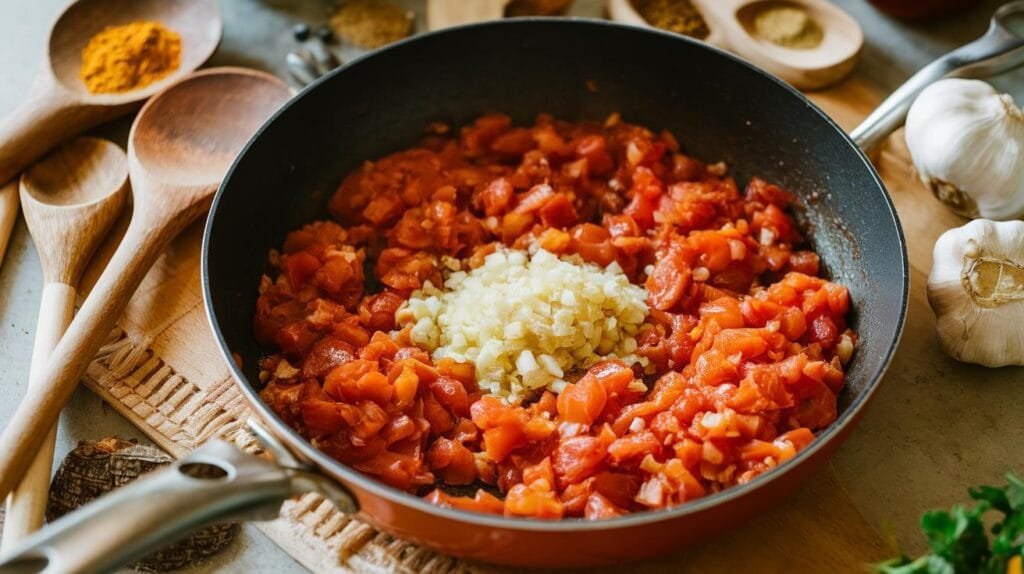 A pan with sautéed onions, garlic, and tomatoes forming the base of a sofrito.