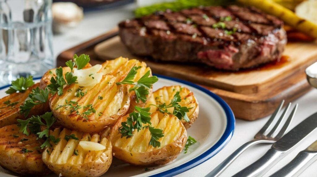 Golden-brown pommes persillade on a plate, garnished with parsley, served alongside a grilled steak in a Quebecois bistro-style setup.