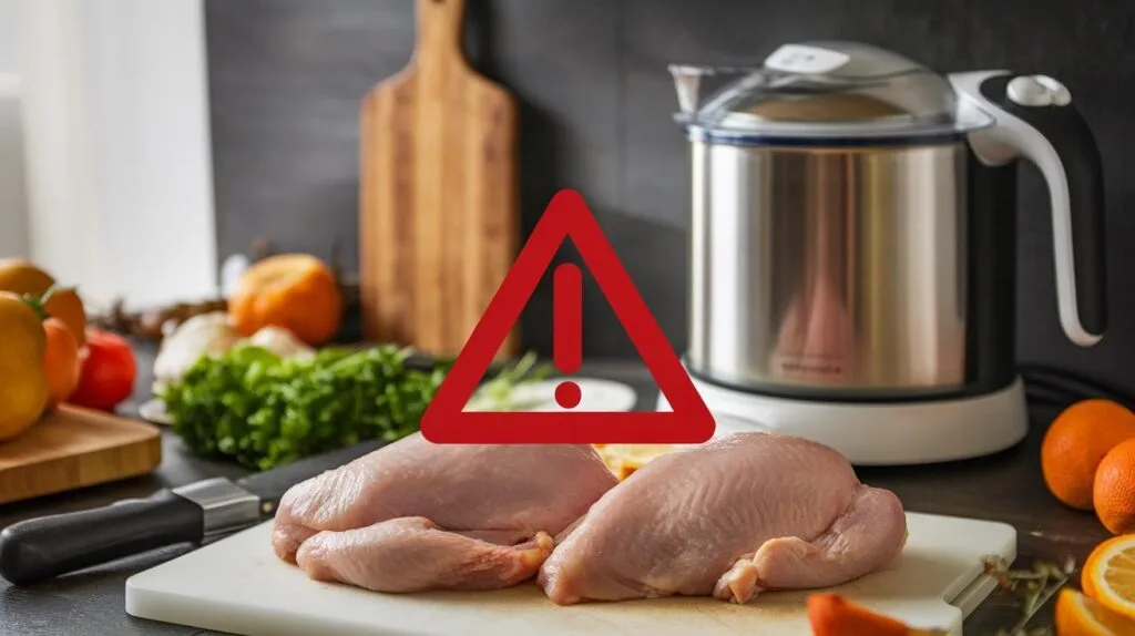 Raw chicken pieces with a soup maker in the background, illustrating unsafe usage.