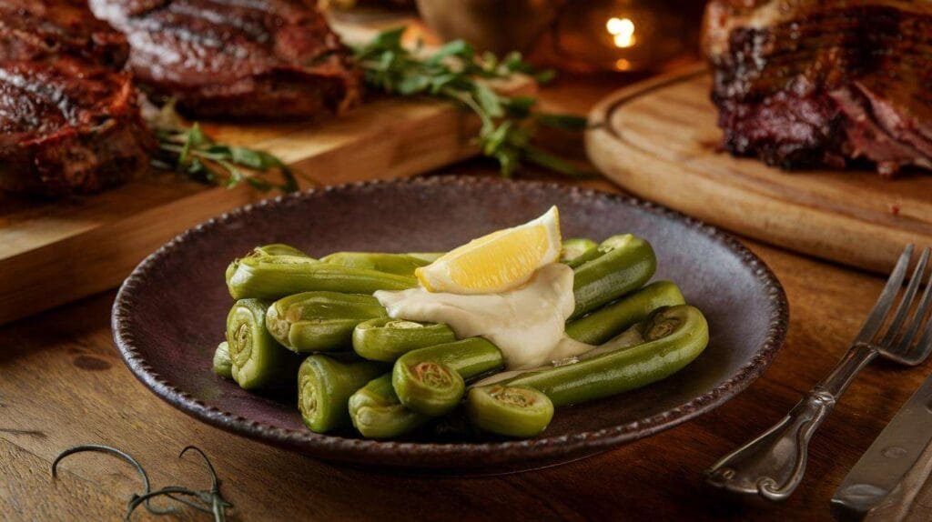 Fiddlehead ferns with butter and lemon on a rustic plate, paired with roasted meats in a cozy Canadian kitchen setting.