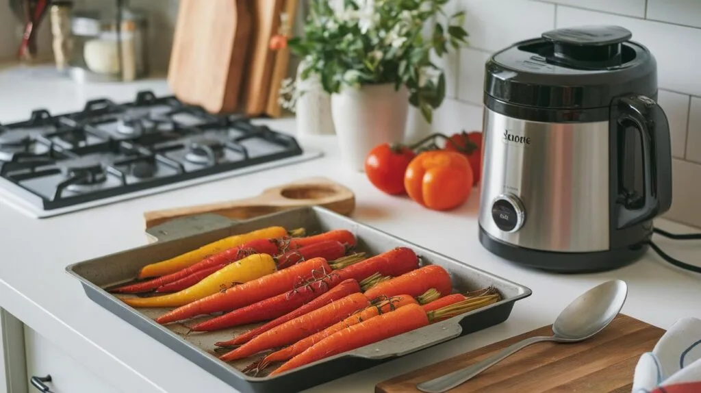A tray of roasted carrots, tomatoes, and bell peppers next to a soup maker.