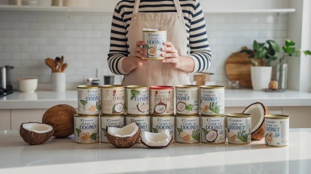 A display of different brands of cream of coconut cans on a kitchen counter, with a person holding one and reading the label.