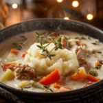 A bowl of Shepherd's Pie Soup, topped with mashed potatoes and garnished with fresh herbs, served alongside crusty bread on a wooden table.