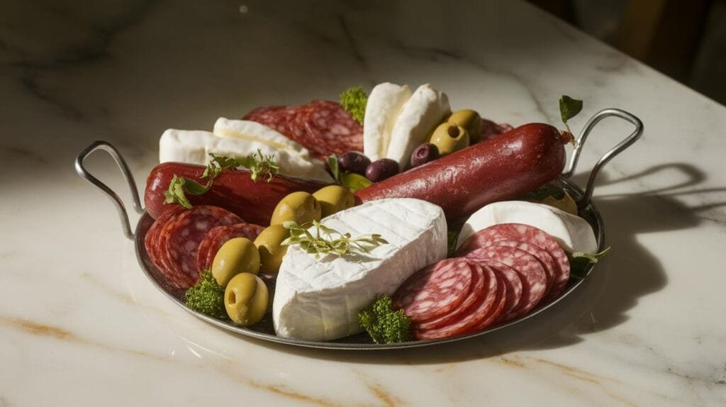 cheese platter featuring Soppressata, brie, mozzarella and olives