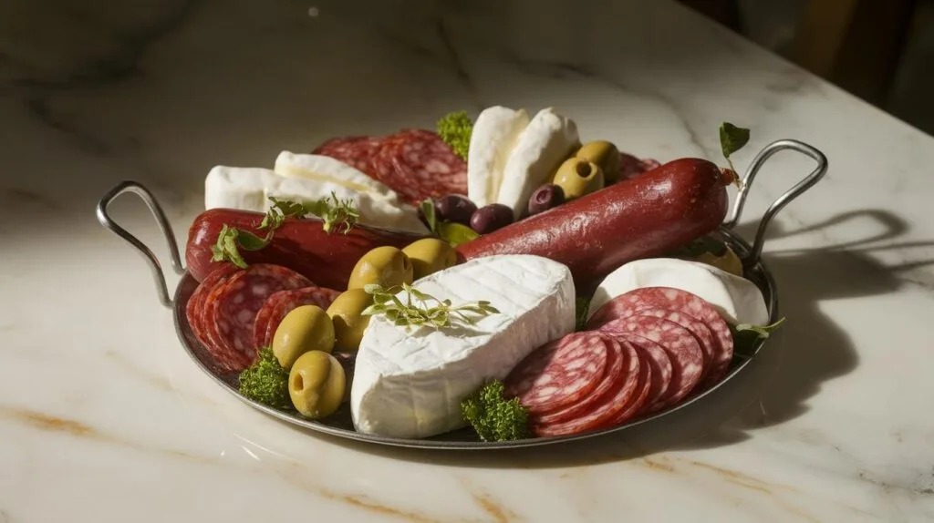 cheese platter featuring Soppressata, brie, mozzarella and olives