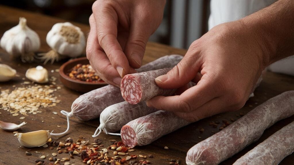 Hands stuffing Soppressata mixture into natural casings, surrounded by spices like fennel and chili flakes.