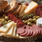 A platter featuring slices of Soppressata alongside bread, cheese, and olives.