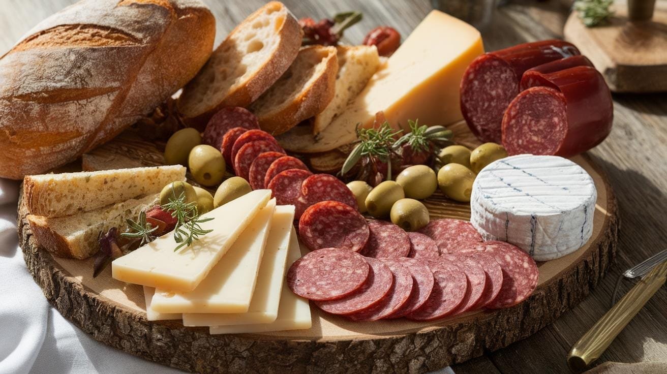 A platter featuring slices of Soppressata alongside bread, cheese, and olives.