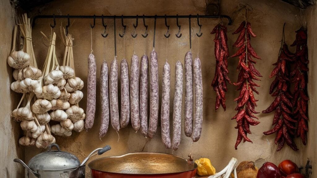 An Italian kitchen with Soppressata hanging to cure alongside dried chili peppers and garlic.