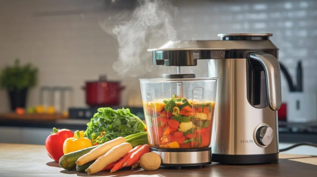 A modern soup maker blending fresh vegetables and broth to create creamy soup.