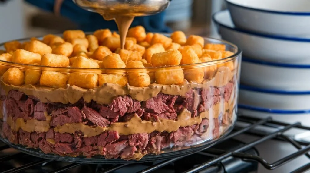 Assembling cowboy casserole with a layer of ground beef and tater tots.