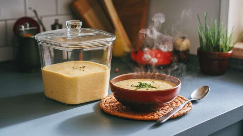 A glass container filled with potato soup, ready for refrigeration, next to a bowl of freshly reheated soup.