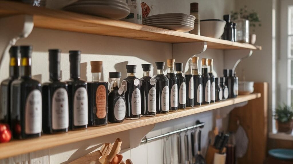 A collection of balsamic vinegar bottles stored neatly on a wooden kitchen shelf.