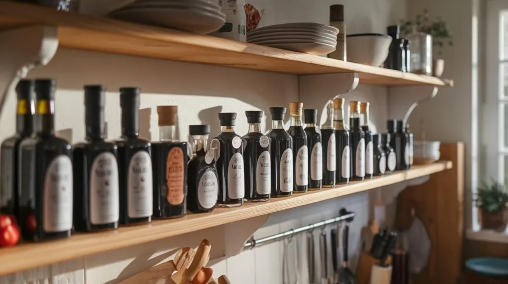 A collection of balsamic vinegar bottles stored neatly on a wooden kitchen shelf.