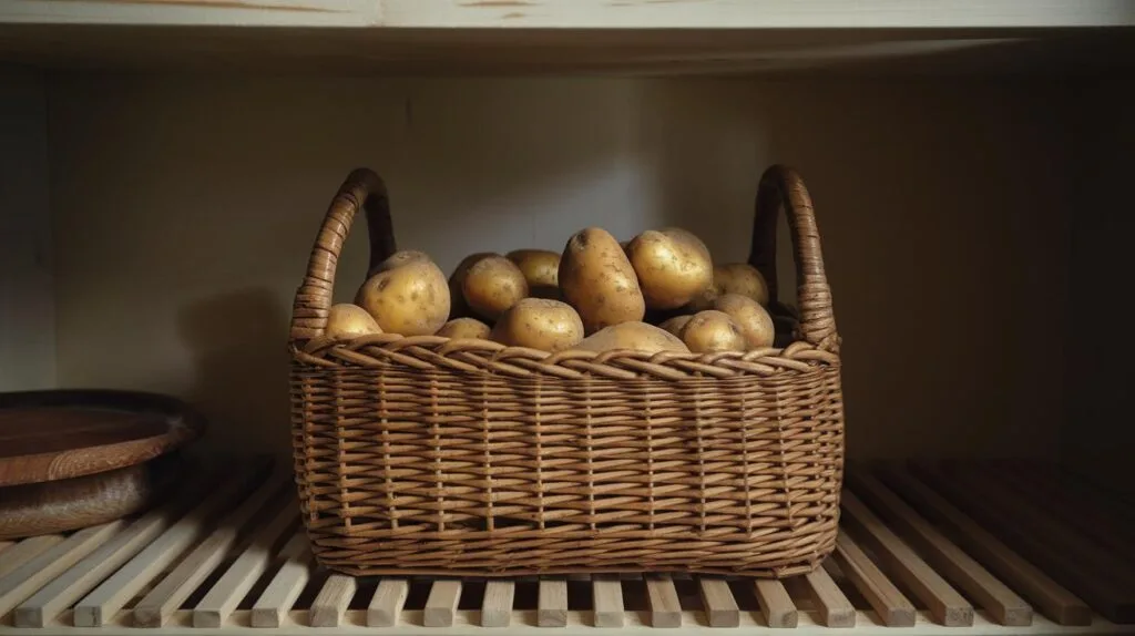 Yukon Gold potatoes stored in a ventilated basket placed in a cool, dark pantry.
