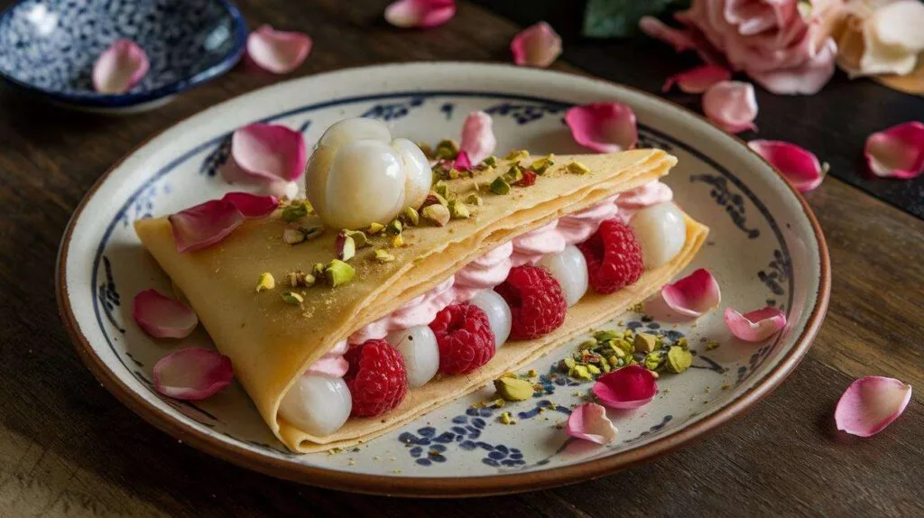 A sweet Japanese crepe topped with lychees, raspberries, and rose custard cream, sprinkled with pistachios.