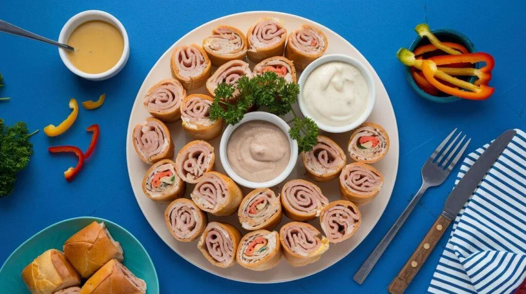 A serving plate of Swiss turkey rolls accompanied by honey mustard, ranch dressing, and spicy mayo dips.