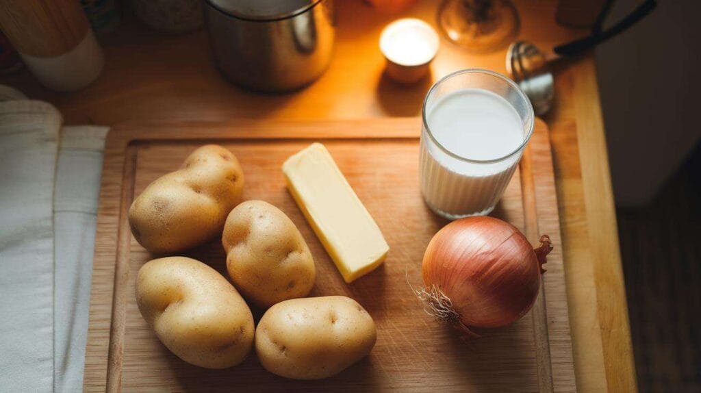 Yukon Gold potatoes, a stick of butter, a glass of milk, and a whole onion arranged neatly on a wooden cutting board.