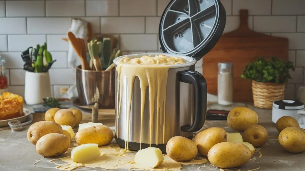 A soup maker with overly thick potato soup spilling over the top.