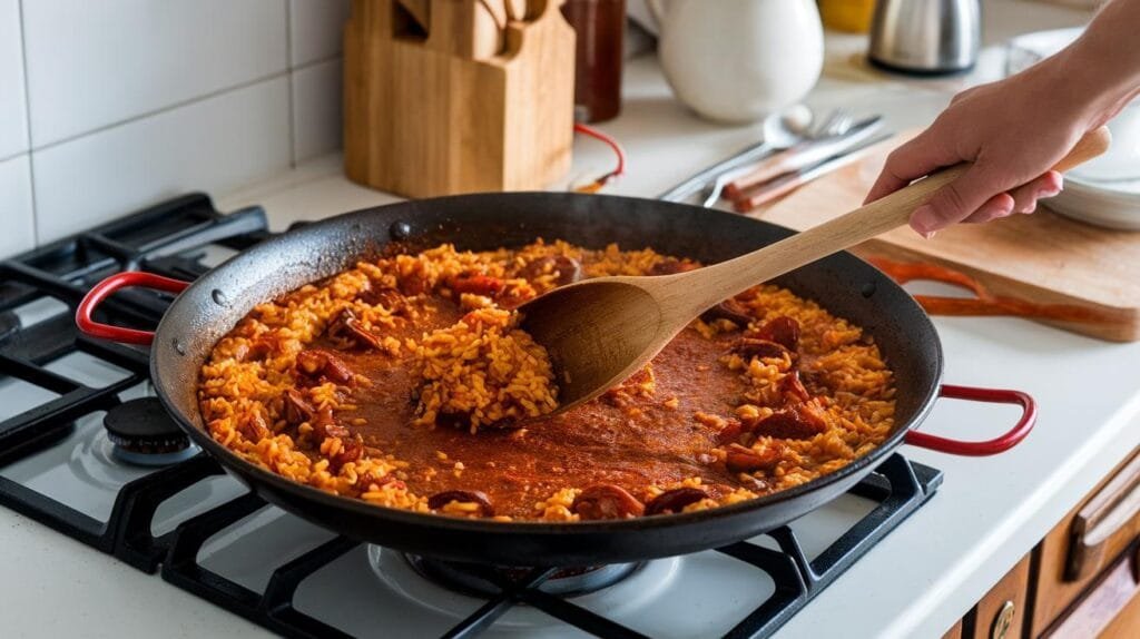 Short-grain rice being stirred into the sofrito in a paella pan.