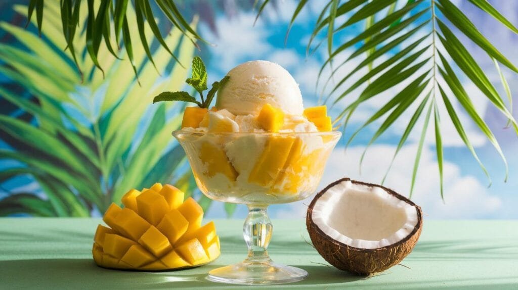 A mango and cream of coconut sorbet served in a glass bowl, topped with fresh mint leaves and diced mango pieces.