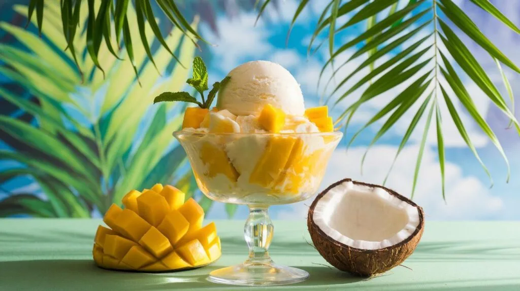 A mango and cream of coconut sorbet served in a glass bowl, topped with fresh mint leaves and diced mango pieces.