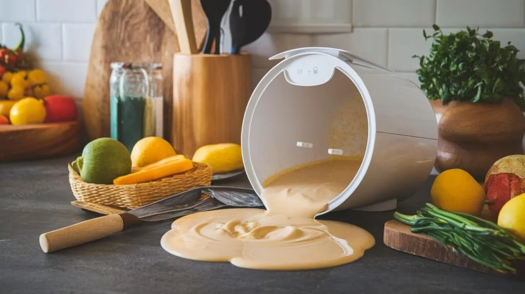 An overfilled soup maker with soup spilling over the edges, causing a mess.
