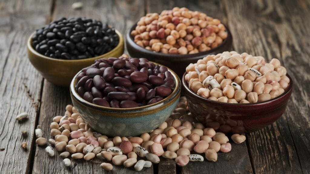 Assortment of beans used for a dense bean salad