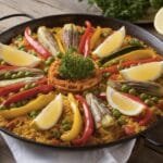 A colorful vegetable paella served in a traditional pan, garnished with fresh parsley and lemon wedges.