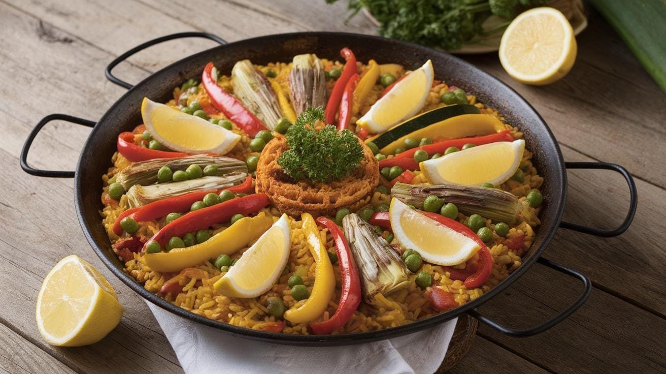 A colorful vegetable paella served in a traditional pan, garnished with fresh parsley and lemon wedges.