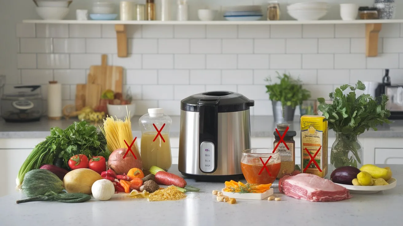 A modern soup maker surrounded by various ingredients, with certain items like raw meat, pasta, and nuts crossed out.