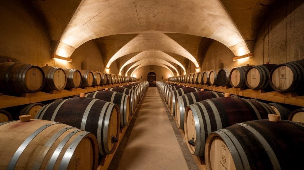 A row of traditional wooden barrels used for aging balsamic vinegar in Modena.