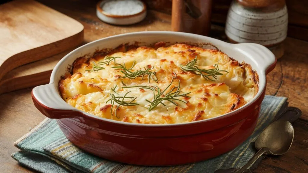 A bubbling dish of creamy Yukon Gold potato gratin with a golden, cheesy crust.