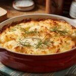 A bubbling dish of creamy Yukon Gold potato gratin with a golden, cheesy crust.