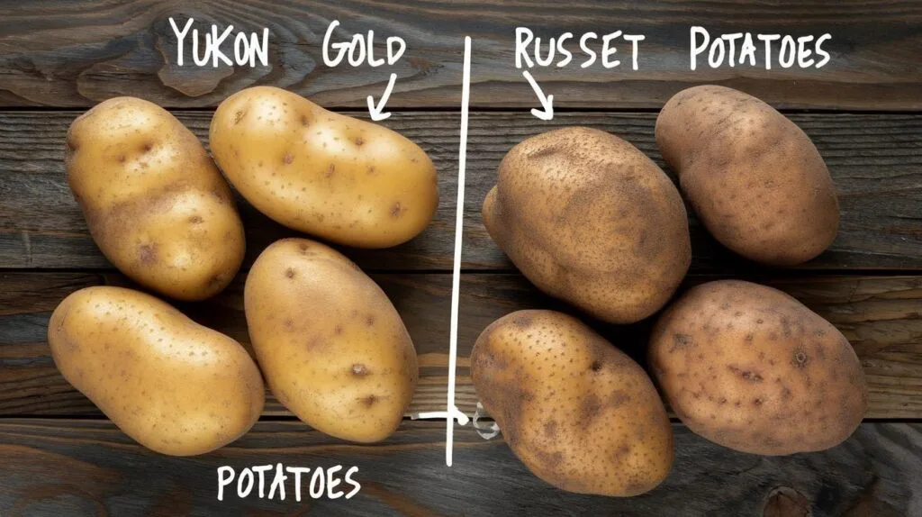 Side-by-side comparison of Yukon Gold potatoes and Russet potatoes, showing their textures and skin types.