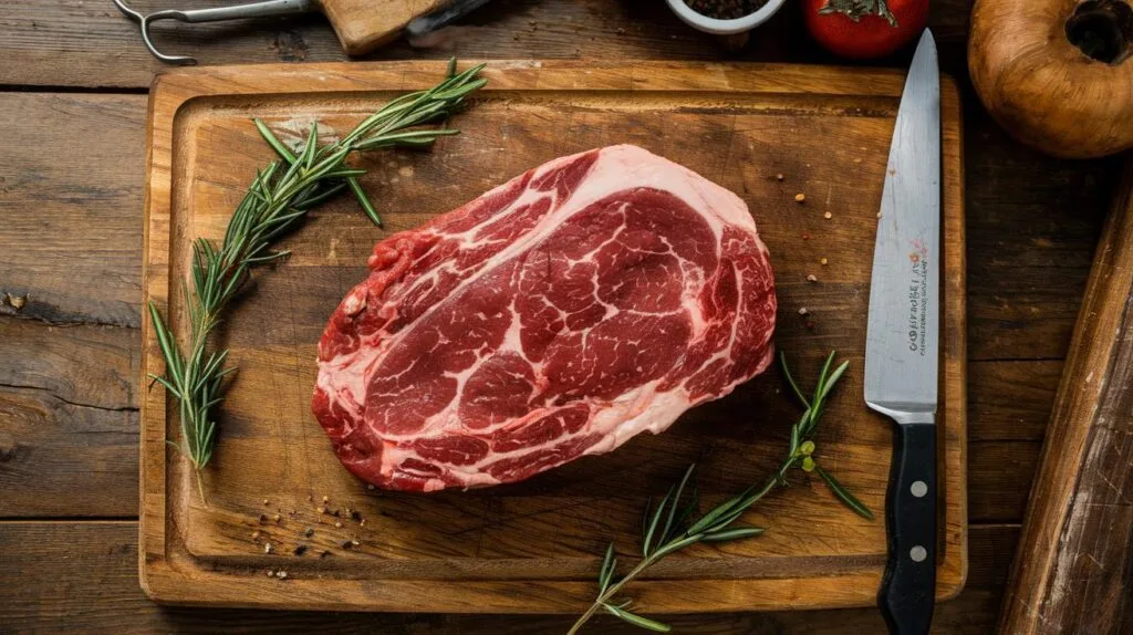 A raw cowboy steak on a butcher's board with labeled marbling, bone, and meat sections.