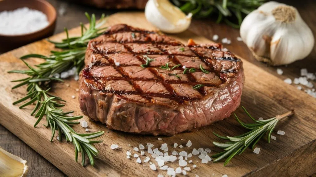 A perfectly grilled cowboy steak with a rich seared crust, resting on a wooden cutting board, surrounded by fresh herbs and seasoning.